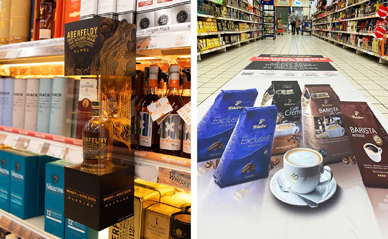Od lewej: Glorifier cube - wzór zastrzeżony przez POS Media, Grafika podłogowa wielkoformatowa