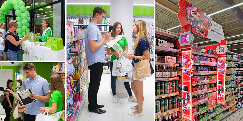 Od lewej: Aktywacje konsumenckie, GIANT Shelf Decoration z ekranami multimedialnymi.