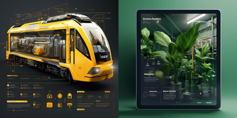 HAND MADE / Przykładowy prompt: UI design of a modern futuristic fast electric locomotive, yellow color, Landing Page — v 5.