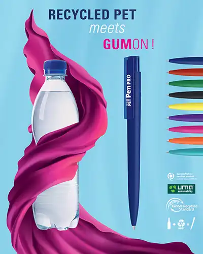 UMA RECYCLED PET PEN PRO K transparent GUM Długopis wykonany z recyklingowanego materiału PET z obudową typu softtouch.