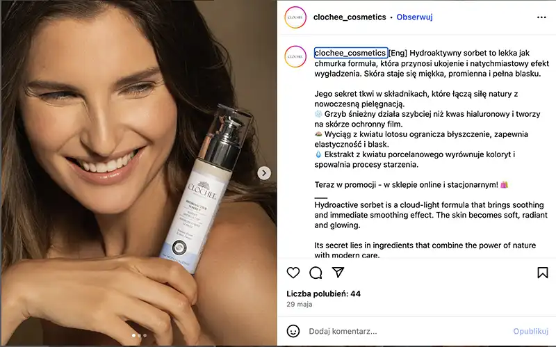SYLWIA KUPIEC Shine On Agency - Clochee – Marka kosmetyków naturalnych, która promuje zrównoważony styl życia i wykorzystuje ekologiczne opakowania. Źródło: Instagram.